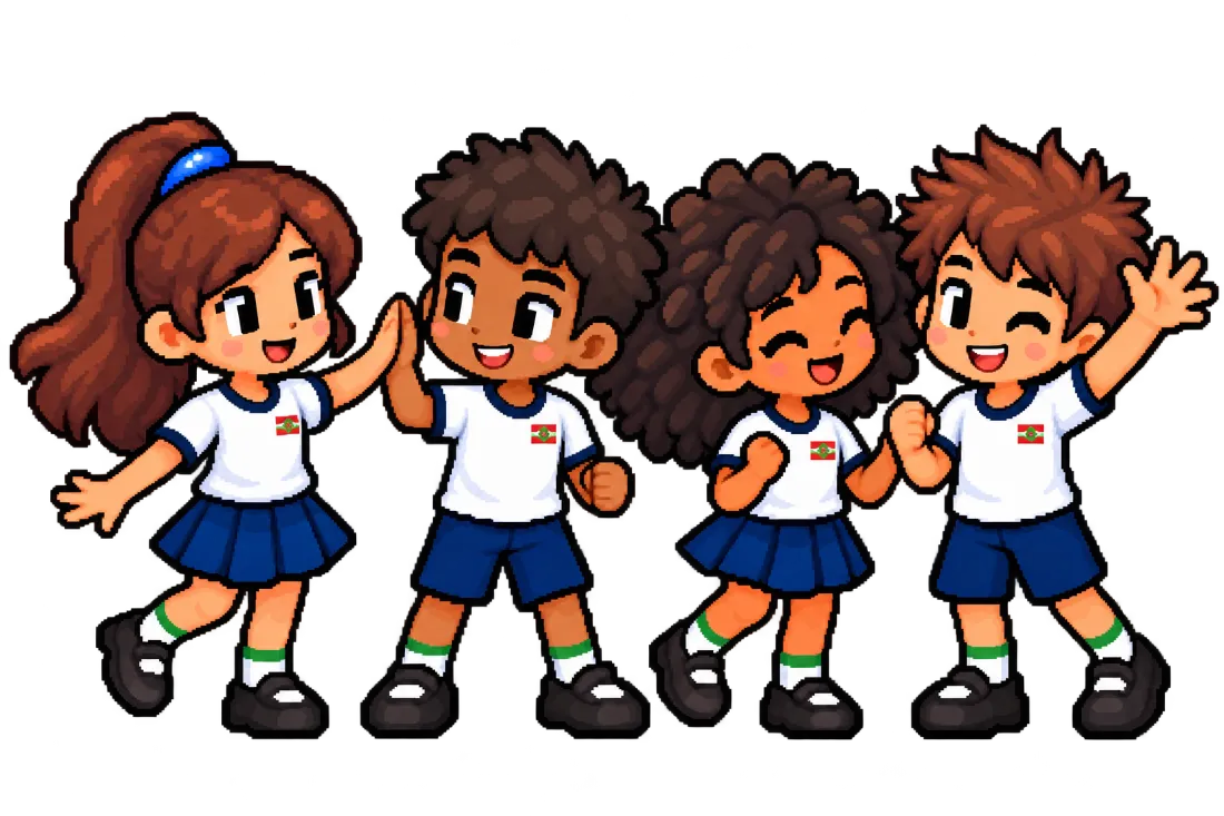 Lia, Théo, Bia e Kauã, os personagens do jogo, comemorando juntos